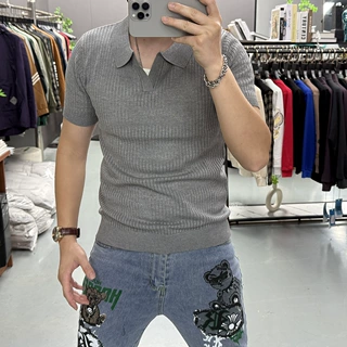 秋冬季新款条纹短袖POLO杉韩版宽松翻领纯色休闲薄款半袖潮流针织