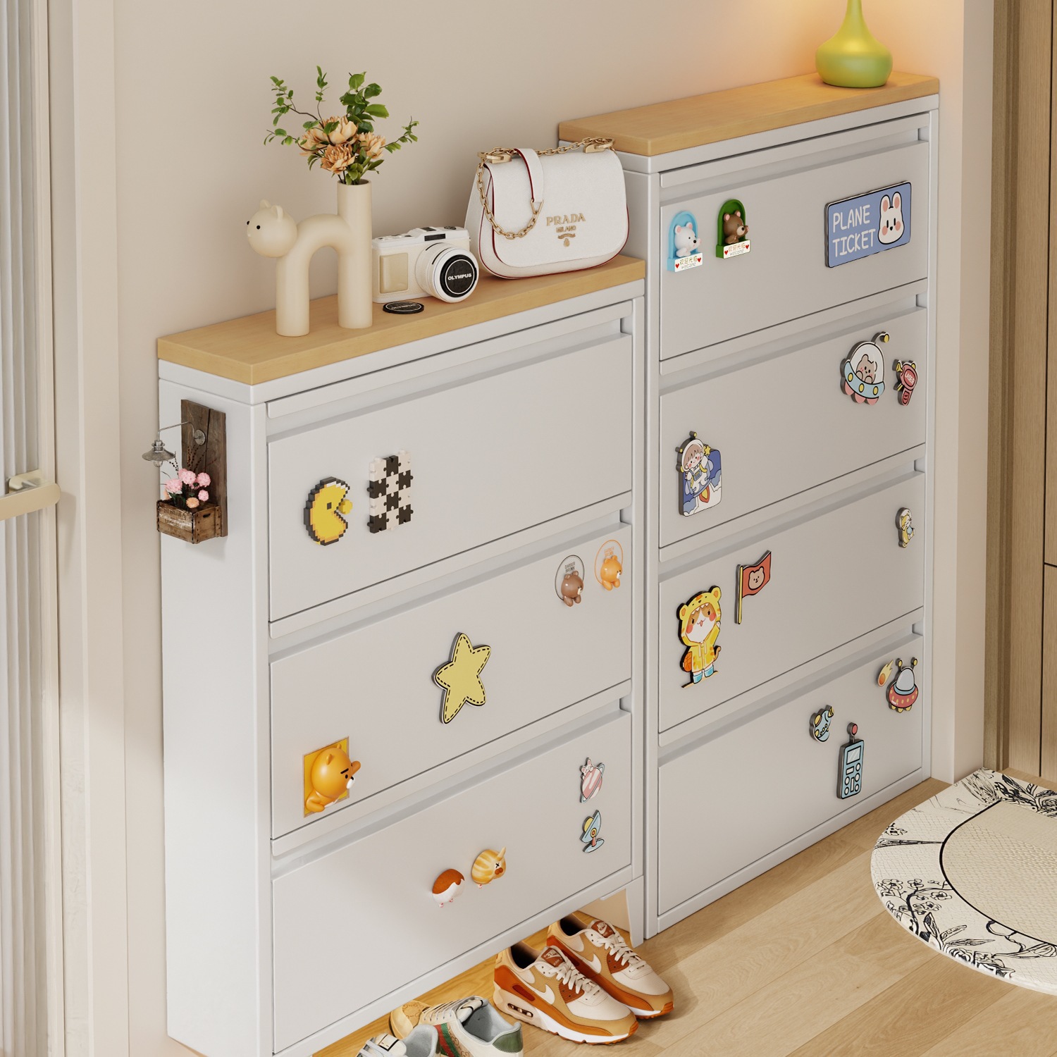 15cm Steel Flip Shoe Cabinet for Home Entrance, Integrated Wall-Mounted Suspended Small Apartment Entryway Cabinet, Extremely Narrow Shoe Rack Assembly