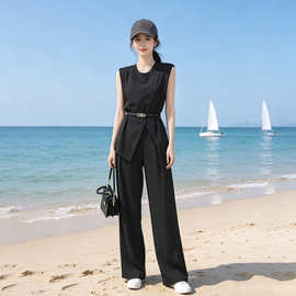 深圳南油夏黑色无袖马甲阔腿裤两件套新款高级感百搭休闲运动套装