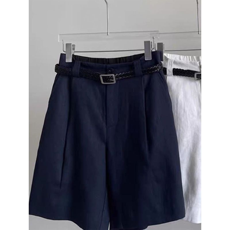 Quần short nữ cạp cao vải lanh cotton mùa hè dáng rộng thoải mái — màu xanh navy chi tiết 4