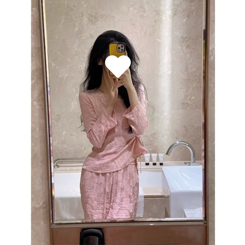 Весенне-осенний ретро китайский стиль, розовая жаккардовая домашняя одежда, костюм в китайском стиле, пижама с круглым вырезом, пижама с косыми лацканами, модный комплект из двух предметов