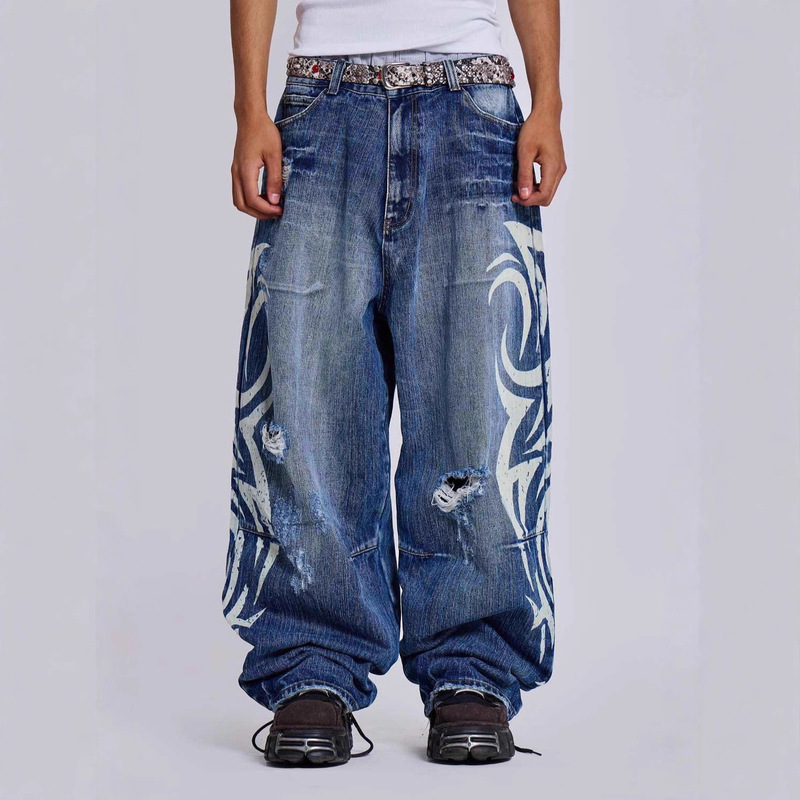 European and American Cross-Border Jaded London American Retro Pattern Printed Straight Washed Ripped Jeans Pants