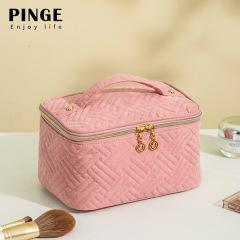 跨境純色絎縫布藝化妝包大容量洗收納漱包便攜手提包化妝品收納包