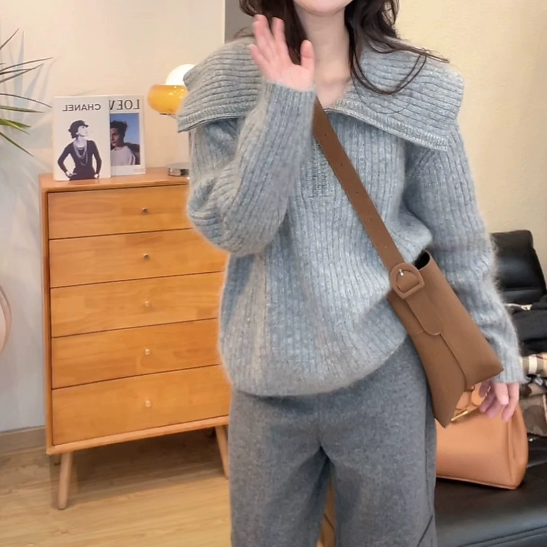 Женский свитер KANING с крупными лацканами, ребристой полоской, однотонный, осенне-зимняя новинка 2025 года, в стиле "ленивый" кэжуал, с полузастежкой-молнией, модный трикотажный свитер.
