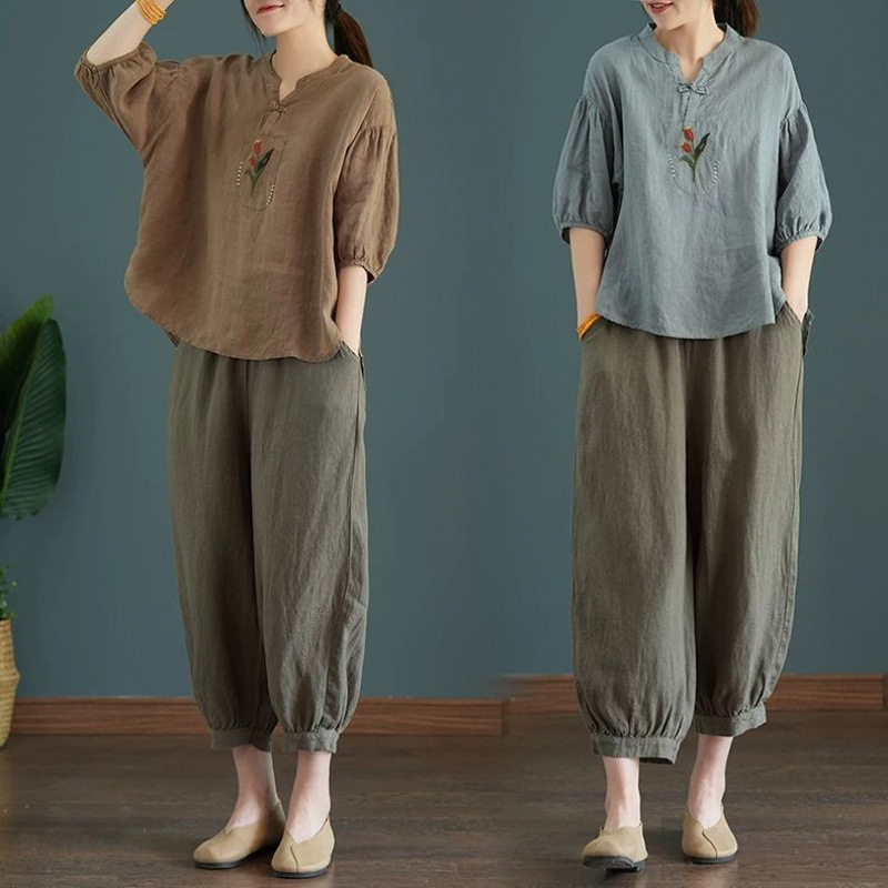 棉麻套装女夏中国民族风女装文艺复古宽松上衣仿亚麻妈妈装两件套