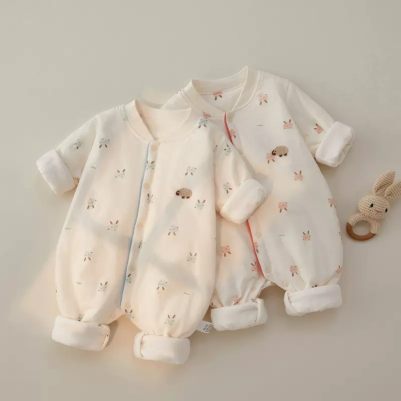 婴儿连体衣夹棉秋冬长袖哈衣薄棉宝宝衣服秋款爬爬服初生婴儿衣服