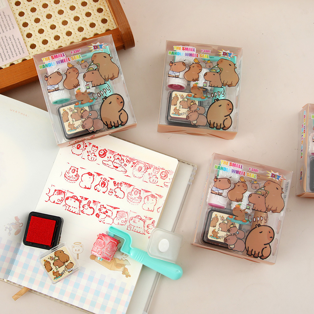 Capibara rodillos de juguetes de dibujos animados lindos 4 en 1 sello conjunto de premios para estudiantes de jardín de infantes