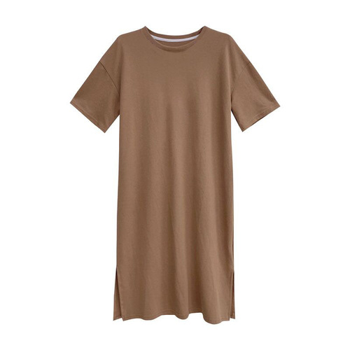 Large size short-sleeved slit dress for women in summer loose solid color mid-length over-knee slit long round neck T-shirt