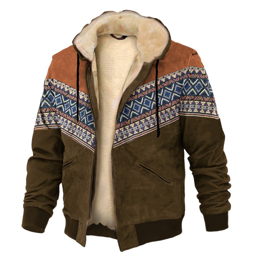 Patrón de multi-color transfronterizo europeo y americano impresión 3D Impresión digital suéter con capucha forro marrón Chaqueta de algodón acolchado