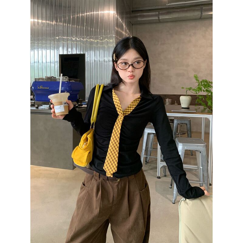 Black Polo Collar Inner Layering Shirt for Women Spring & Fall Korean Fashion Slim Short Design Long-Sleeved T-Shirt Top Ins