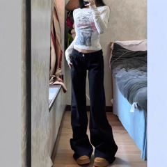 黒のギャルの低い腰の広い足のラッパのジーパンの女性の秋の新型のゆったりしているのが見えます。