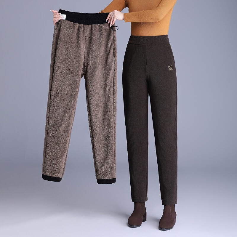 Middle-Aged and Elderly Women's Pants Spring, Autumn and Winter New Style Trousers Straight Pants Fleece-Lined Middle-Aged Fashionable Casual Outer Wear Mom Pants