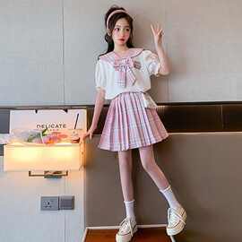 女童套装2025夏季新款儿童时尚洋气学院风中大童休闲百褶裙两件套