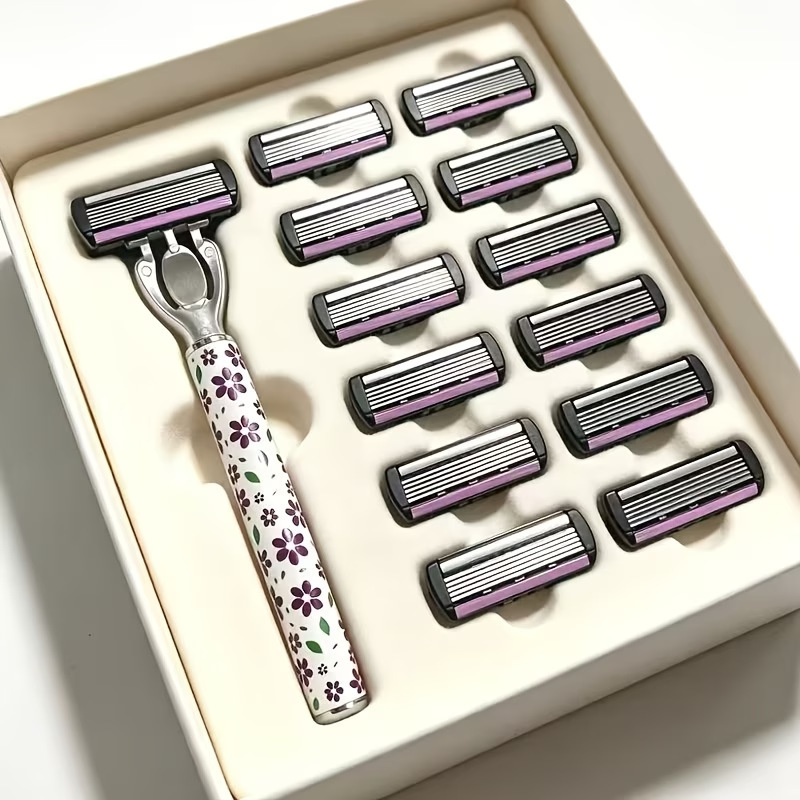Women's Manual Razor Set with 2-Color Floral Handle, Replaceable Blade, Rose Red Blade, Replaceable Blade Holder