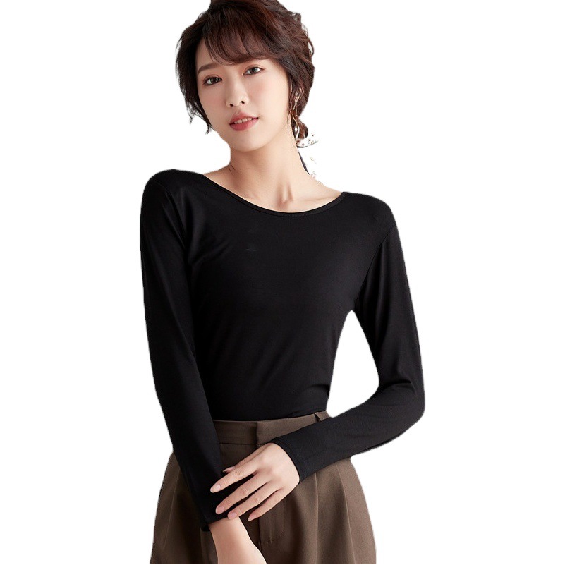 Camiseta de manga larga de cuello redondo modal para mujer Otoño de las nuevas mujeres de color sólido versátil superior slim fit más tamaño que basa la camisa para las mujeres