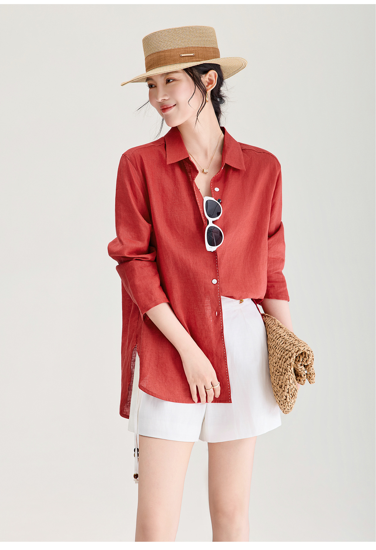 Áo sơ mi nữ linen chất lượng cao, phong cách cổ điển thư giãn, dáng rộng mùa hè — Đỏ Vermilion chi tiết 13