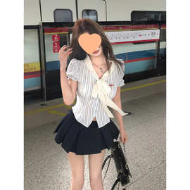 大码法式甜美蝴蝶结蕾丝条纹衬衫夏季设计感小众拼接泡泡短袖上衣