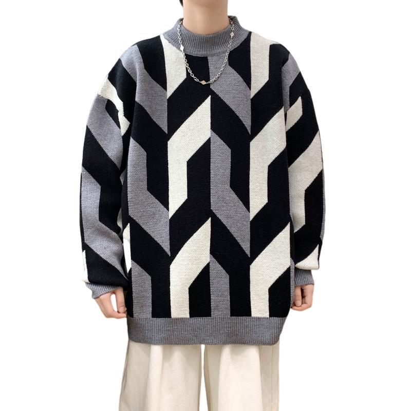 Herrenkleidung Pullover Herren Herbst/Winter Verdickter Halbrollkragenpullover Trend Retro Farbkontrast Lässige Strickwaren Linie Kleidung_voghion.com