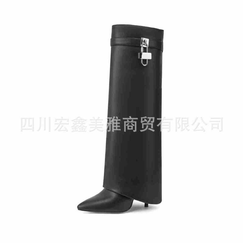 European and American foreign trade skirt trouser boots slope heel metal lock high heel knee-high boots straight shark high-high female knee-high boots