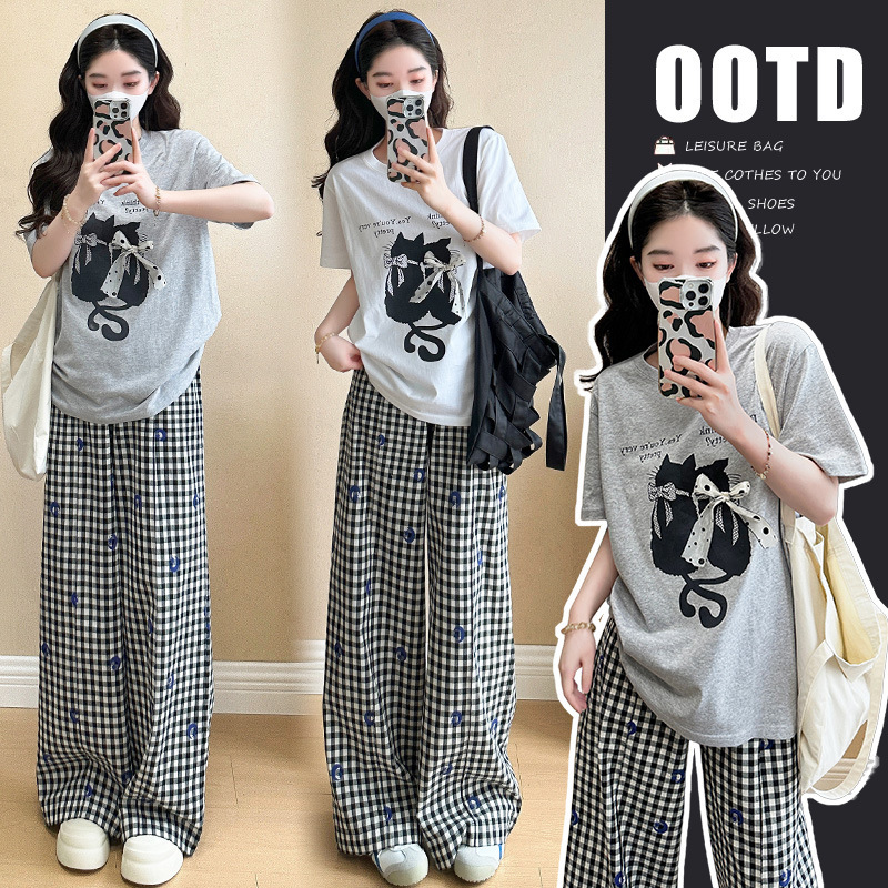 in stock Real Shot Summer New Korean Style Loose Casual Printed Shirt Plaid Pants Pregnant Women suit in stock Real Shot Summer New Korean Style Loose Casual Printed Shirt Plaid Pants Pregnant Women suit