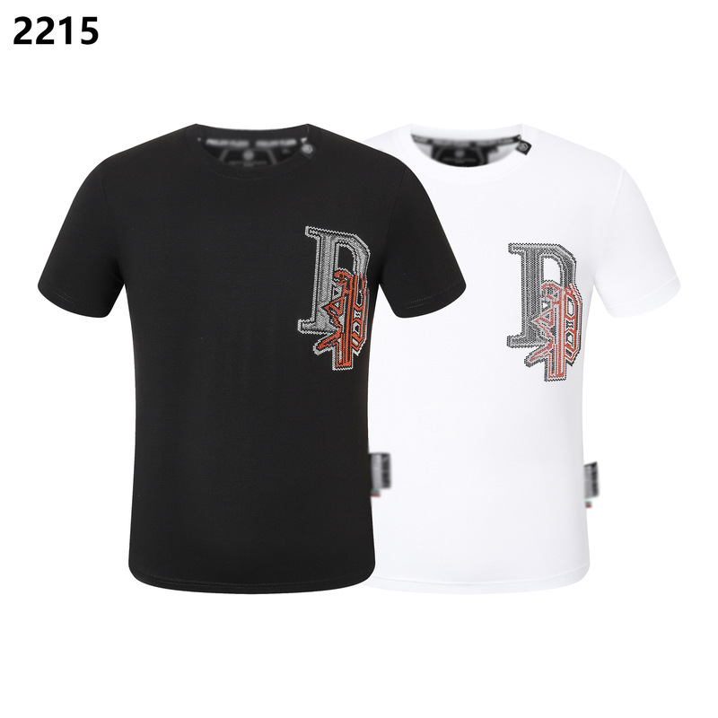 Summer New Style Philip Plein Men's Short-Sleeve T-Shirt, Pure Cotton, Round Neck, Comfortable, High-Quality, with Rhinestones