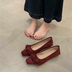 法式粗跟荷叶边方头平底单鞋女2025秋新款气质软底百搭气质晚晚鞋