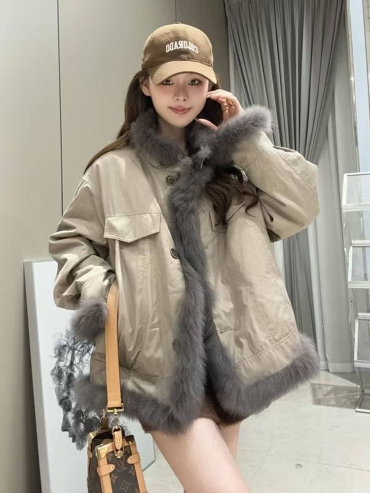2025秋冬新款派克服仿废土风毛毛两面穿时尚百搭皮毛一体外套女潮