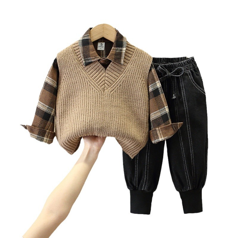 6340 Traje de otoño para niños 2025 Nuevo estilo Camisa guapa para niños Pequeño chaleco de otoño de moda de tres piezas
