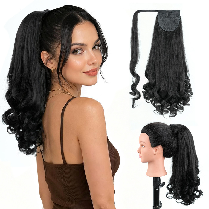 Synthetic fiber ponytail, popular in Europe and America, wavy curly magic tape ponytail, high-temperature fiber, natural style high ponytail hairpiece