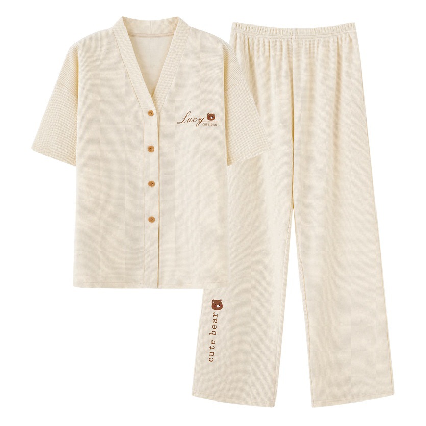 Estilo coreano nueva pareja waffle pijamas verano Pantalones casual de manga corta pareja cardigan con cuello en V traje de primavera y verano casa