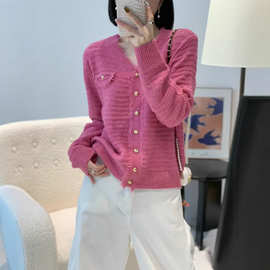 小香风羊毛V领流苏破边长袖针织衫女秋冬季保暖针织外套开衫上衣