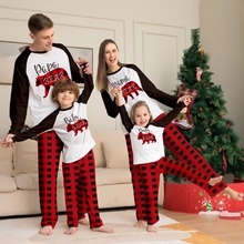 亚马逊圣诞亲子装套装 新款Familylook 圣诞格子熊印花家居服睡衣