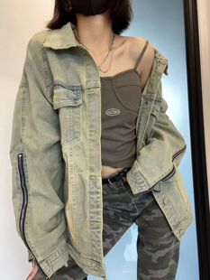 American high street vibe washed old all-matching Denim coat spring and autumn niche retro loose couple jacket women's fashion