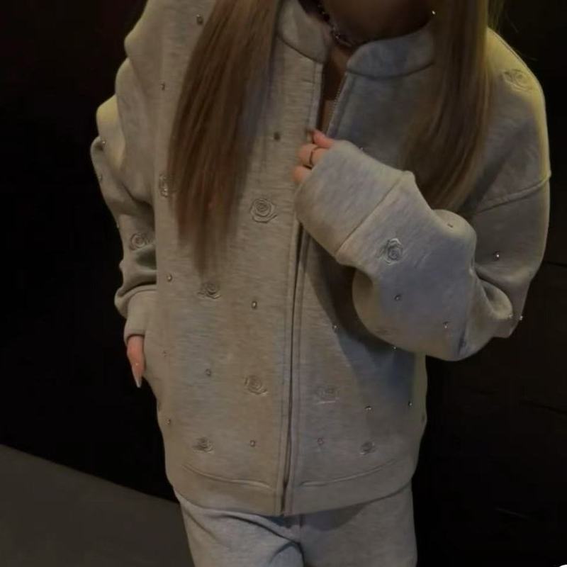 刘掌柜感重工玫瑰烫钻拉链卫衣外套女2025早秋宽松上衣潮|undefined