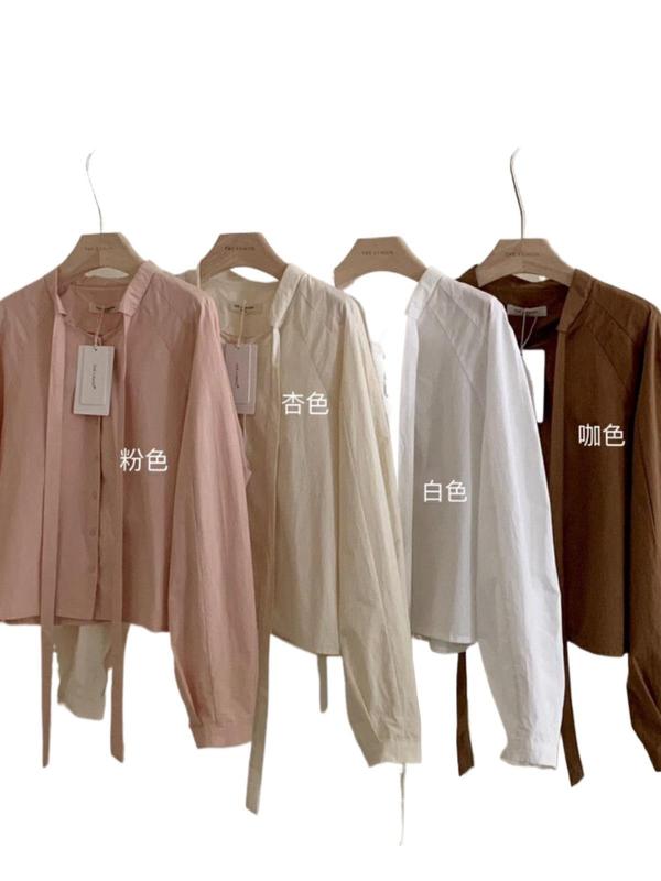 秋季长袖衬衫女法式别致立领宽松蝴蝶结系带2025新款休闲气质上衣|undefined
