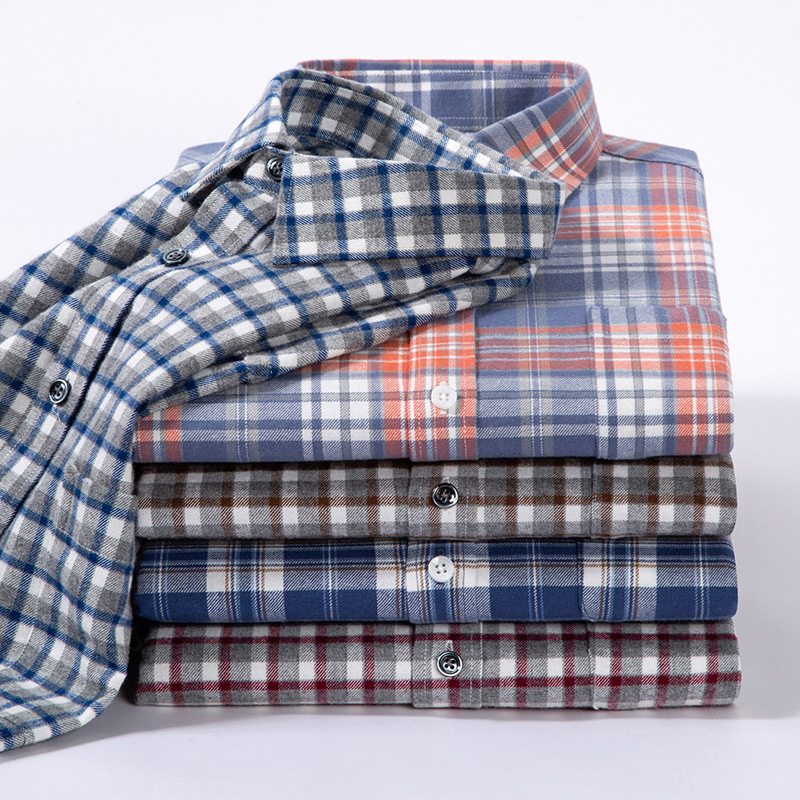 工厂直销春秋季男士长袖100%纯棉磨毛格子衬衫中青年休闲全棉衬衣
