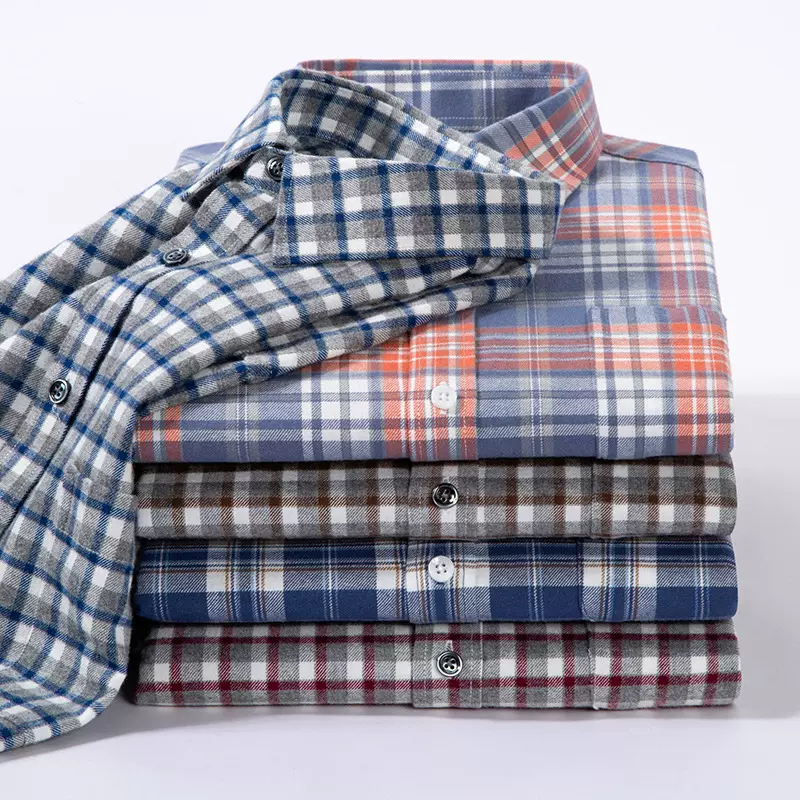 工厂直销春秋季男士长袖100%纯棉磨毛格子衬衫中青年休闲全棉衬衣