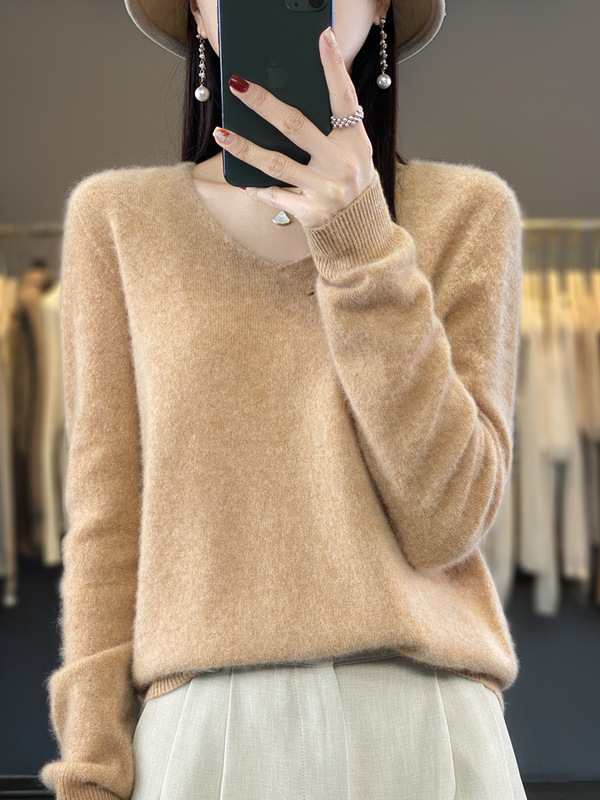 一线成衣V领羊毛衫女春秋款简约百搭羊毛衫宽松套头针织打底衫潮|undefined
