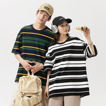 夏新款宽松日系港风条纹短袖t恤男撞色复古圆领情侣百搭有型上衣t
