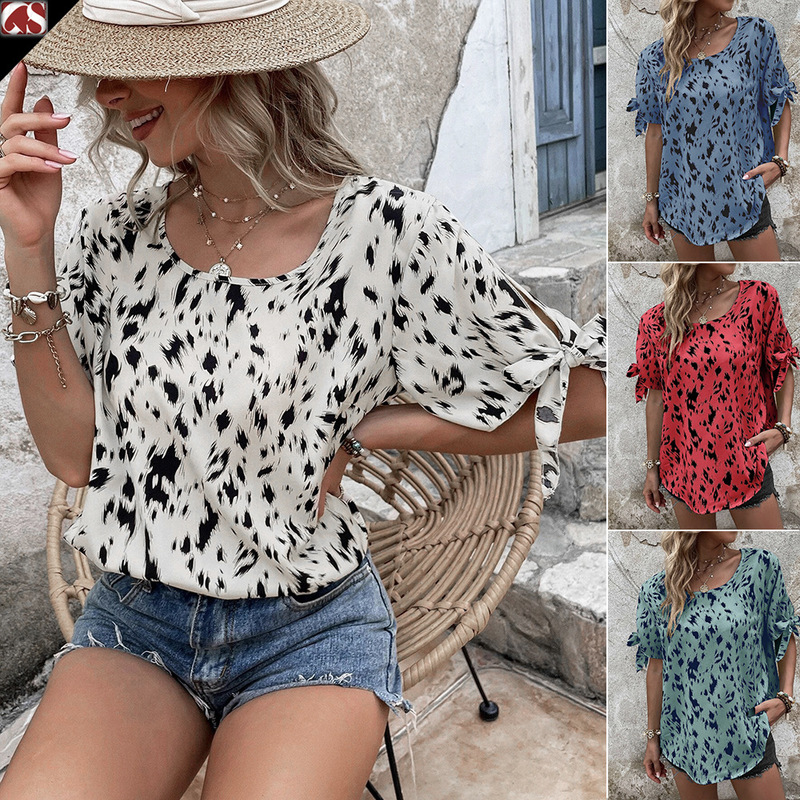 Amazon Independent Station Cross-border Foreign Trade New Round Neck Strap Leopard Print Women's Shirt Elegant Casual Top