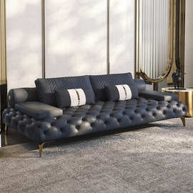 意式轻奢皮艺拉扣直排沙发组合美式会所别墅客厅极简款设计师家具