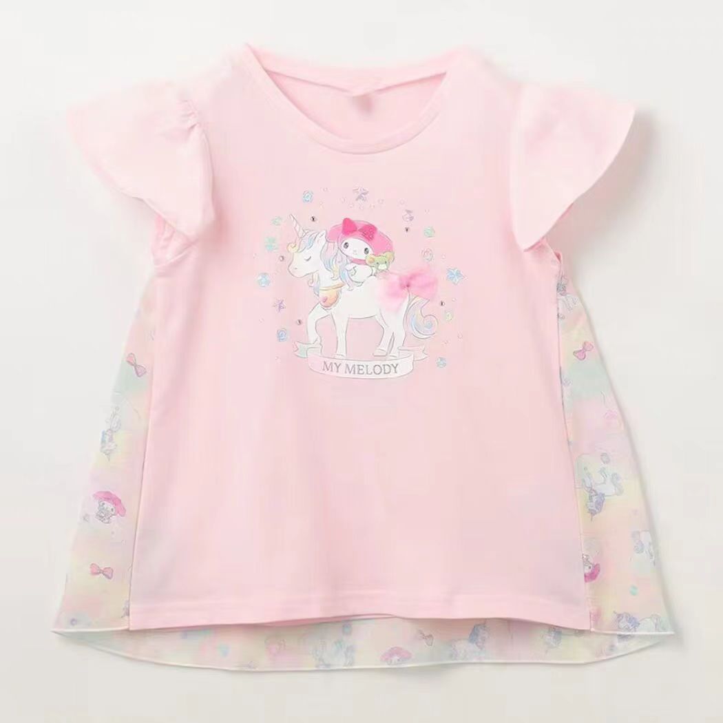 子供の半袖の女の子のtシャツのファッション2025新型の飛袖の女性の赤ちゃんの服