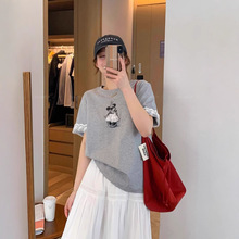 灰色圆领短袖蕾丝拼接卡通t恤女2025夏季新款慵懒风宽松纯棉上衣