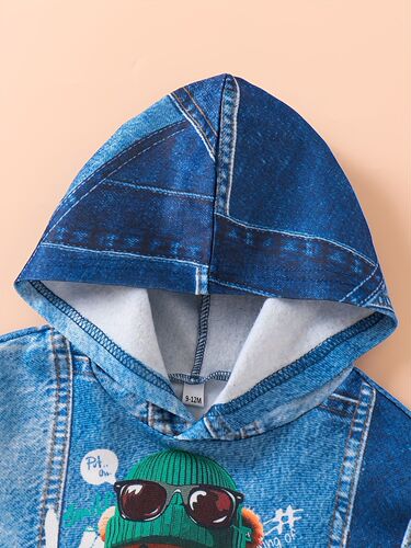 INS Baby & Toddler Boys Spring & Autumn Denim Style Bear Print Hooded Long Sleeve Fleece Set Trendy