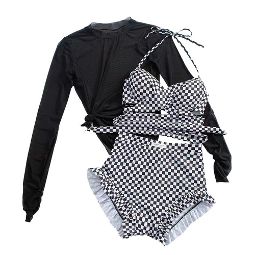 Summer Selfie Striped Triangle Bikini with Independent Black Lace Covering, Fresh and Natural Japanese and Korean Style Women's Swimsuit