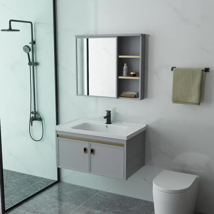 Mueble de baño de aluminio espacial combinación Placa de roca lavabo completo gabinete de aluminio baño colgante gabinete espejo gabinete de aleación de aluminio