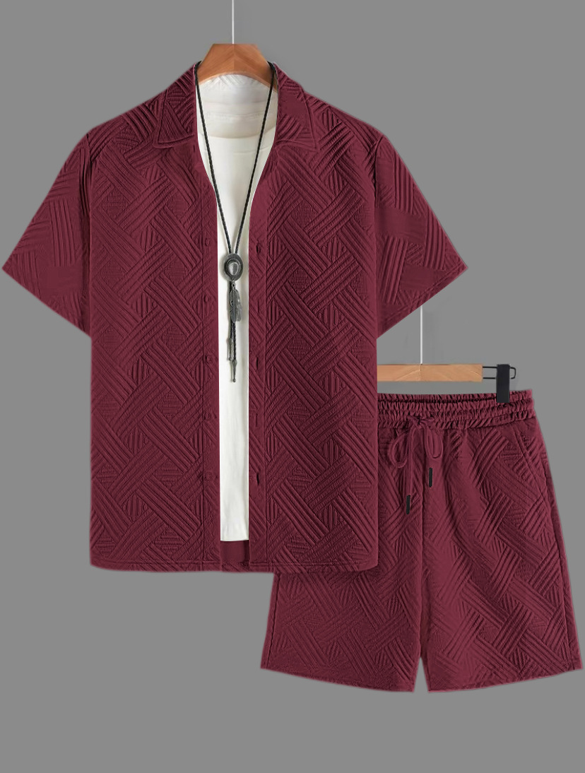Nuevo comercio exterior transfronterizo nuevo hombre de verano Jacquard de color sólido con solapa Cardigan con solapa Casual camisa de manga corta set