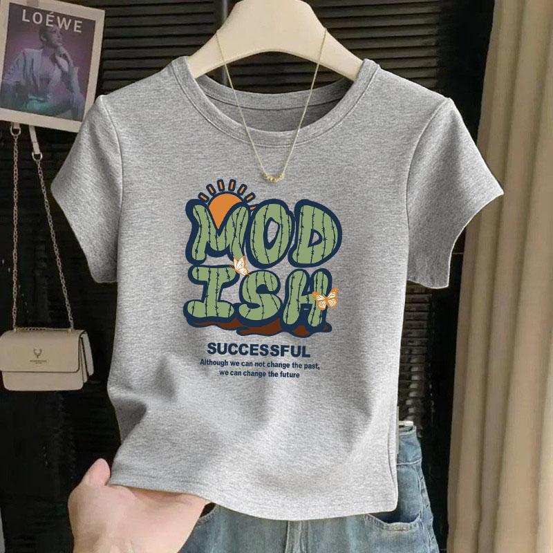 圆领宽松纯棉印花洋气高腰短款打底衫女夏季薄款2026新款短袖T恤