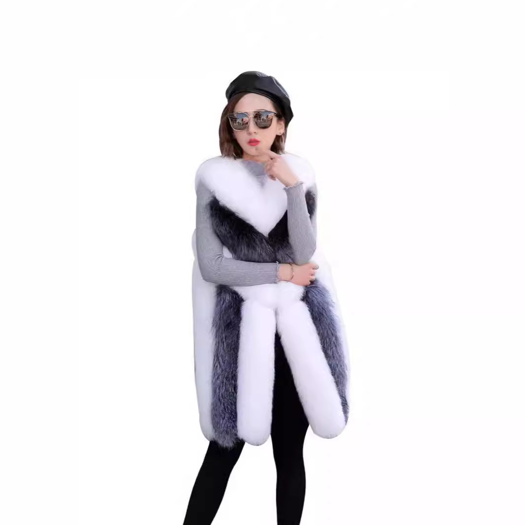Damenbekleidung hohe Fuchspelzweste Damen mittellange Wintermode warme Pelzweste_voghion.com