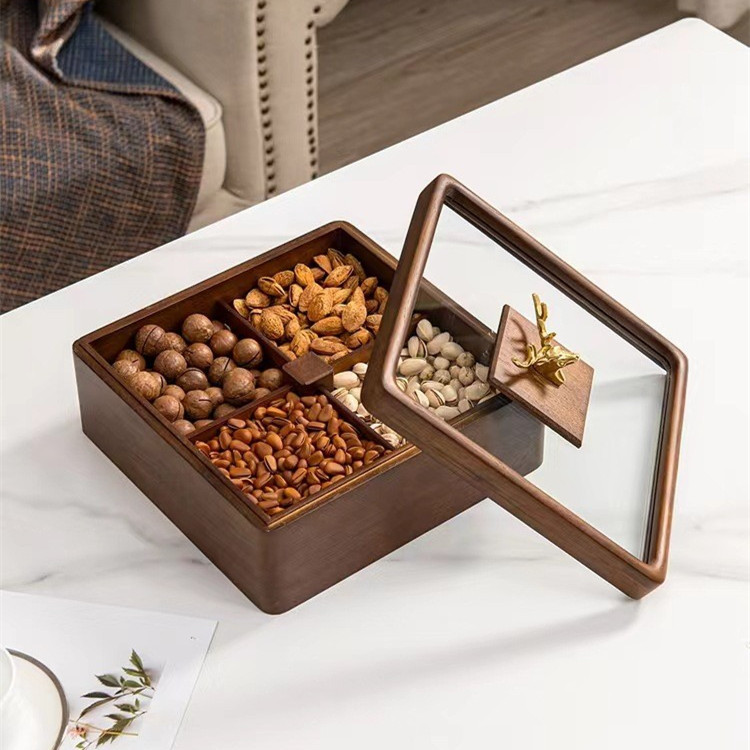 Rejilla de madera de nogal negro caja de fruta seca caja de almacenamiento de aperitivos hogar sala de estar plato de caramelo postre de tuerca caja de madera maciza de múltiples capas